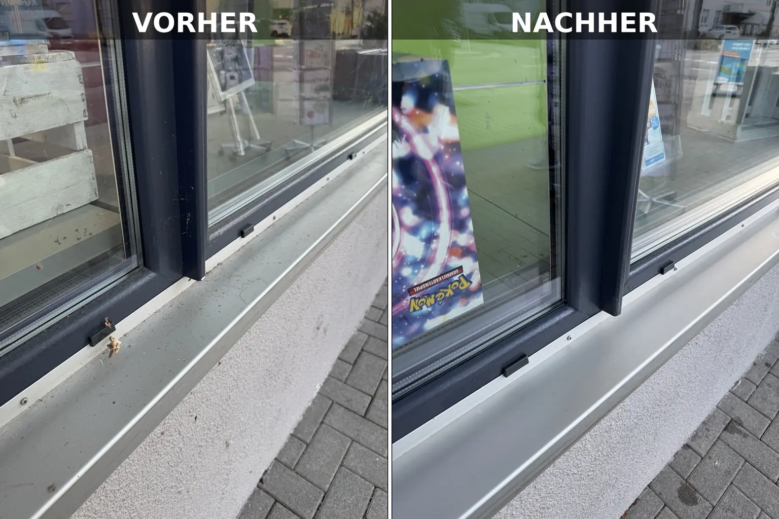 Vorher-Nachher-Vergleich eines gereinigten Fensterrahmens